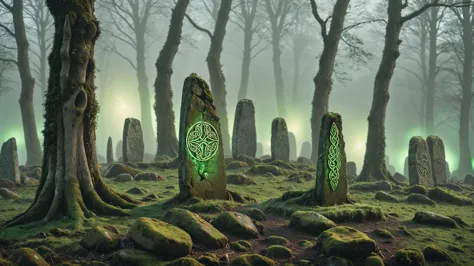 a group of green celtic symbols in a forest with moss