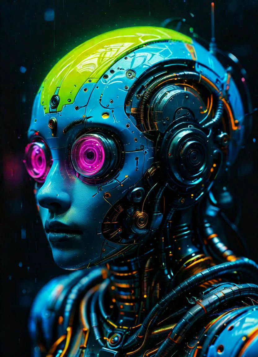 霓虹黄的渐变配色方案, 霓虹藍, 霓虹粉紅, 荧光绿, 霓虹橙, 非常详细的机器人头部, 發條, 透明的, 充满明亮多彩的霓虹液体, 富有表现力, 抽象的, ArtStation 上的熱門話題, 作者：ryohei hase 大眼睛, 动漫眼睛生物发光, 發光的 , 次表面散射, Photo實際的, Hyper實際的, 模拟风格, 實際的, 胶片摄影, 柔和的燈光, 浓重的阴影