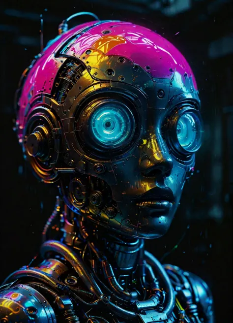 Ombre color scheme of neon yellow, neon blue, neon pink, neon green, neon orange, highly detailed robot head, clockwork, transpa...