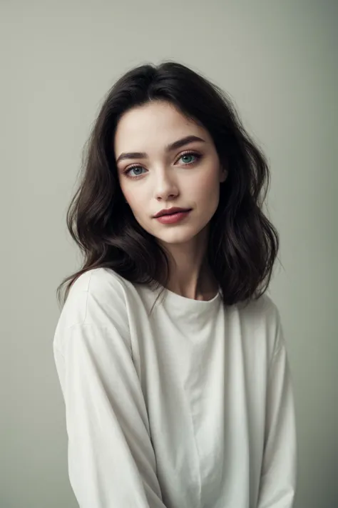 beautiful hippie woman,
dark makeup, plump lips, doe eyes, soft smile,
upper_body, analog photo, film grain, soft lighting,
hands behind head, 
medium length sleeves, blank shirt