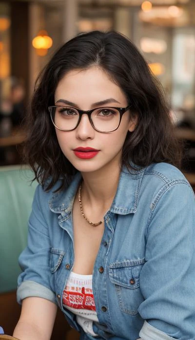a young pretty woman, slim face, vibrant skin, dark untamed hair, black eyes, parted lips, light makeup, lipstick, glasses, wearing denim shirt, and denim jeans, sitting in a cafe, bokeh background, close up, upper body (photorealistic:1.3), film grain,  