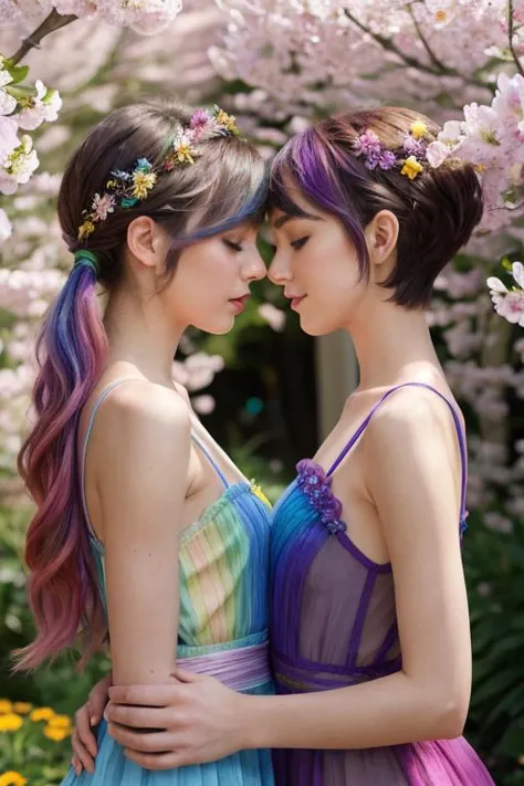 PA7_foto, Romance de Primavera, Mostre um momento de ternura entre duas pessoas, bonitas e fofas, magras, 21 anos, 2 mulheres, rostos ultradetalhados e esculpidos, olhos escuros e detalhados, uma com um corte pixie tingido em cores vibrantes e a outra com cabelo longo, cabelo arco-íris fluindo, cercadas por flores em flor em um jardim da primavera, Eles compartilham um momento de ternura, seu amor tão colorido e bonito quanto as flores ao redor delas