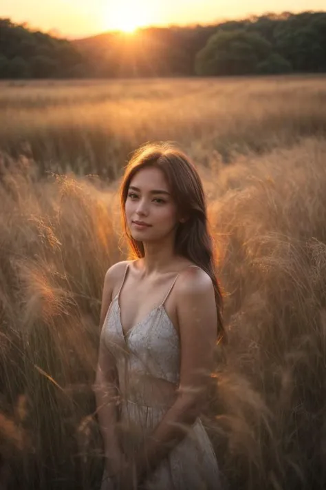 A 22-year-old woman stands in a field of tall grass, the sunset casting a warm glow on her face. Masterpiece,<lora:ReaLora:0.4>,...