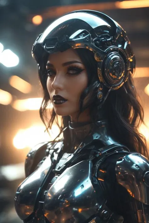 (highly detailed:1.3) , rfktr_technotrex, mecha female cyborg with dark-colored glossy armor sexy bodysuit, black long hair, hea...