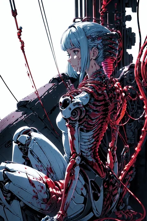 anime character sitting on a machine with blood on it