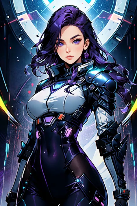 <lora:Margo Style:1> Margo Style, girl , beautiful, facing viewer, cowboy shot, large breasts, purple hair,
futuristic soldier, ...