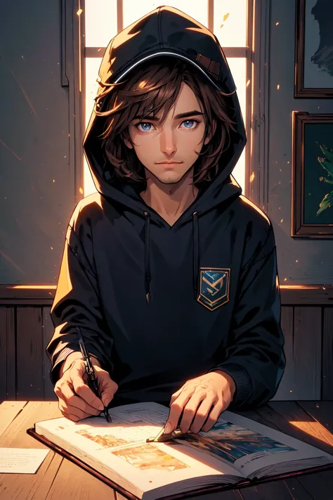 1boy, solo, stubble, male focus, grey eyes, brown hair,  navy blue hooded sweatshirt, baseball cap, specular highlights, embers,official art, (masterpiece, best quality, ultra-detailed, highres), ((solo)), perfect face, sidelighting, lustrous skin,(bloom), (shine), lighting, ray tracing, sci-fi, depth_of_field,very detailed background, highly detailed background, Masterpiece, Ultra detailed, great composition,Dynamic angle,extremely delicate and beautiful,(Highest picture quality), (Master's work), extreme light and shadow, masterpiece, rich in detail, (highest quality), (masterpiece), (detailed eyes), (beautiful) detailed,beautiful detailed eyes, upper body, (extremely detailed CG unity 8k wallpaper),(masterpiece), (best quality), (ultra-detailed), (best illustration),(best shadow),perfect lighting , perfect anatomy , vivid colors, (masterpiece),