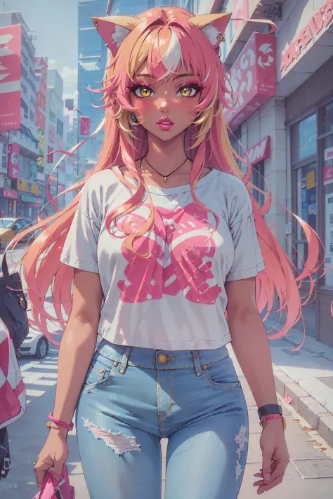 (masterpiece, best illustration, extreme light and shadow), 1girl, solo, transgender female, red hair, yellow eyes, cat ears, animal ears, tan, tan skin, ganguro, two tone hair, long hair, wearing a black and pink anime tshirt, denim jeans, makeup, wristband, lipstick, jewelry, depth of field, vaporwave, citypunk