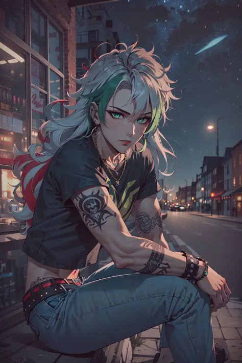 (masterpiece, best illustration, extreme light and shadow), 1boy, solo, (male focus:.7), transgender male, red hair, white hair, green eyes,  two tone hair, long hair, wearing a yellow and green x-men shirt, 90s aesthetic, curly hair, denim jeans,  goth eye liner, wristband, emo punk style, (punk:1.5), jewelry, depth of field, tattoos, minneapolis, (night sky:1.2), wind swept hair, (seductive), (sitting on the sidewalk:.6), shy, (sidelighting), (volumetric lighting)