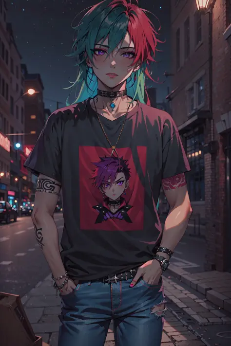 (masterpiece, best illustration, extreme light and shadow), 1boy, solo, (male focus:.7), transgender male, red hair, green hair, purple eyes,  two tone hair, long hair, wearing a black and pink anime tshirt, denim jeans, goth makeup, wristband, emo punk style, (punk:1.5), jewelry, depth of field, tattoos, minneapolis, (night sky:1.2), wind swept hair, (sidelighting), (volumetric lighting)