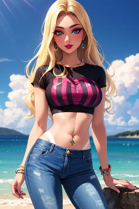 1girl, solo, blonde hair, wearing a tshirt, denim jeans, blue eyes, tan, midriff, ganguro, long hair, tanlines, makeup, navel pi...