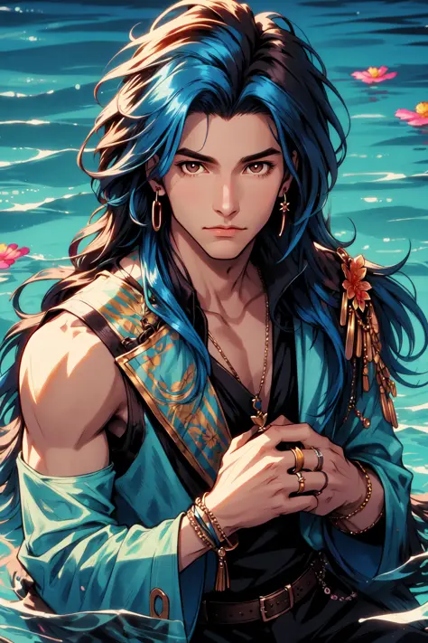 long hair, looking at viewer, 1boy, brown eyes, jewelry, blue hair, collarbone, flower, male focus, earrings, solo focus, water, ring,