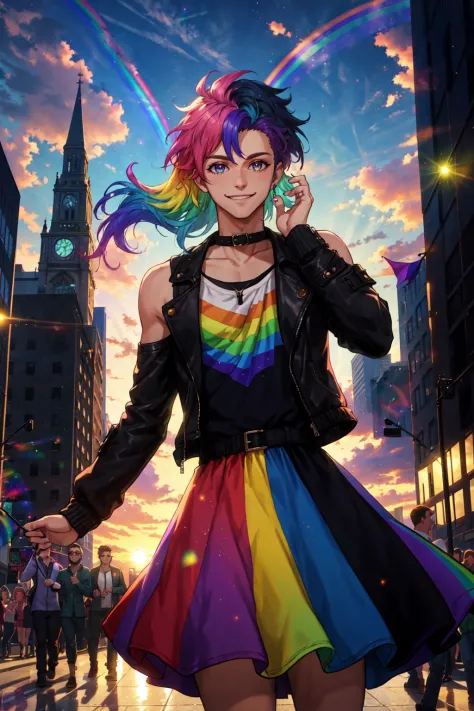 best quality, masterpiece, ultra high res, 1boy, male focus, non binary, blocky shoulders, rainbow hair, gay pride flag dress, g...