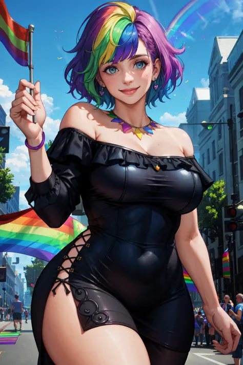 best quality, masterpiece, ultra high res, photorealistic, 1girl, male focus, transgender female, non binary, blocky shoulders, rainbow hair, gay pride flag dress, gender diverse, pride flag, offshoulder, smile, mature, voluptuous, bbw, aged up, wrinkles,
