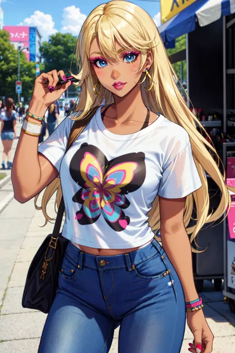 1girl, solo, blonde hair,  blue eyes, tan, ganguro, long hair, wearing a tshirt, denim jeans, tanlines, makeup, wristband, lipstick, jewelry