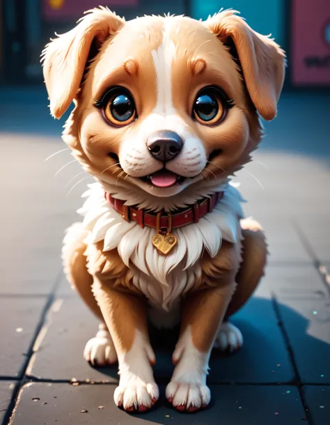 there is a small dog sitting on a tile floor with a collar