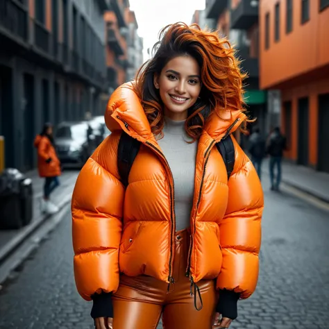 arafed woman in orange jacket and leather pants standing on street