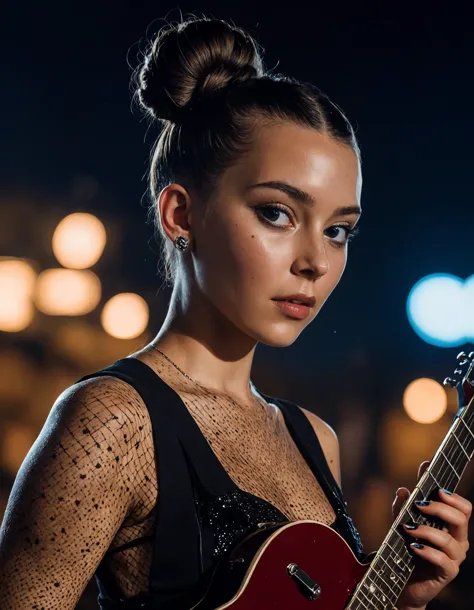 arafed woman with a red guitar in a black dress