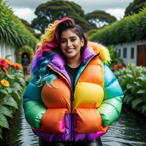 dark cinematic still with dark vibes, full body shot of life jacket  south american curvy women  wearing an rainbow  extra_puffy_jacket,  unique hair styles,   looking at the camera, shallow depth of field, 8k uhd, dslr,  high quality, photorealistic, realism, hyperrealism,
, garden scene 
 <lora:Puffer_Jacket_and_Down_Jacket_-_Extra_Puffy_Jackets:0.5>, smiling