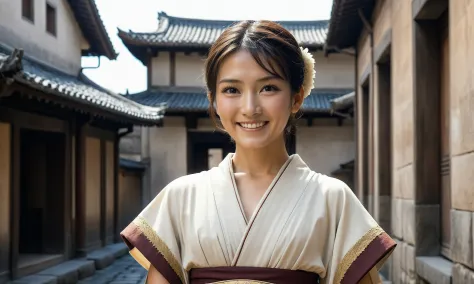 a professional photograph Ancient Roman cityscape in the background,(cinema Ancient Roman Streets:1.3) with a beautiful japanese woman in a delicate Ancient costume,dark brown short straight hair,happy smile