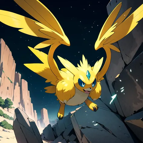 highres, masterpiece, sugimori ken \(style\), pokemon \(creature\), picture of a flying type pokemon, rock type, feather made of luxurious shiny gem, glowing, in the dark, outside, very detailed