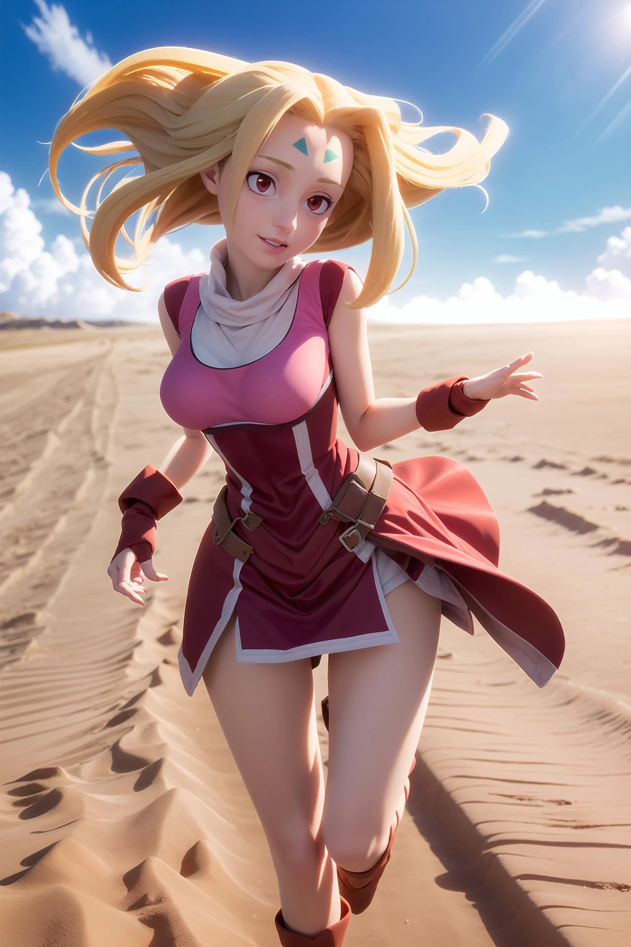 masterpiece, 1girl, fiona \(zoids\), pink dress, adult, medium breasts, red eyes, blonde hair, forehead mark, running on giant robot, wind blowing, beautiful, outside, sand, desert, sky, sun, lens flare
 