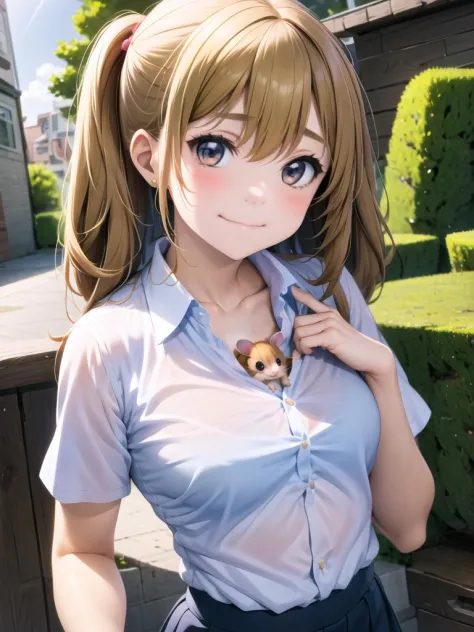 a girl, bust-up shot, hamster face from collar of closed shirt, smile
 <lora:cleavage animal-002_0.7:1>