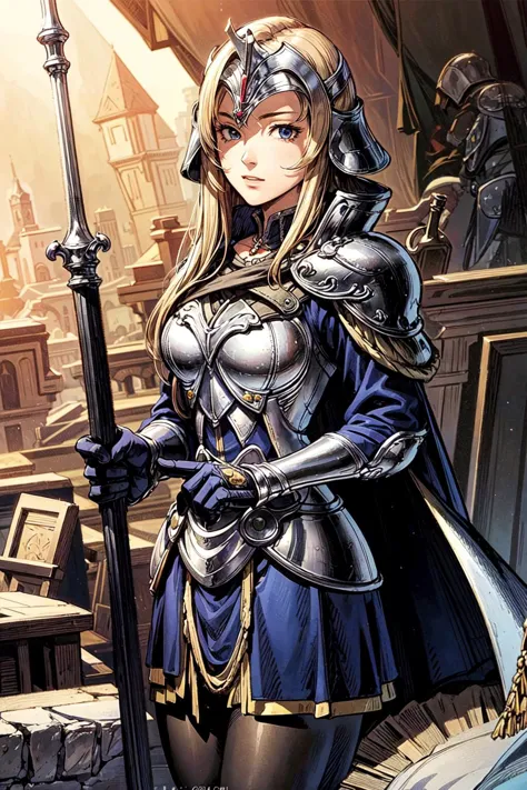 thick outlines, comics, photorealistic, masterpiece:1.2, 1girl, solo, <lora:mathilda-nvwls-v1:0.75>, mathilda, cape, helmet, armor, blue dress, black gloves, pantyhose, medieval, battlefield, detailed background, detailed face, detailed eyes, <lora:add_detail:0.7>