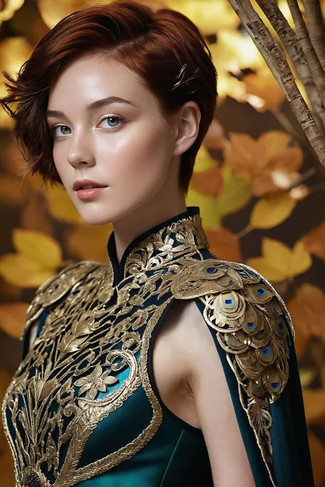 full profile, full body, intricate art deco background, autumn leaves, winter, distant far shot, standing walking pose, (coat, jacket, arms, greaves, pauldrons, art deco:1.3), (peacock cape:1.3), (heavy armor:1.3), (covered in gold etching:1.3), (covered in ornate armor:1.3), stunning, (filigree lace skirt:1.2), hyper realistic, soft shadows,(covered in radiance:1.1), (intricate armor details:1.3), ornate background, celestial theme, intricate filigree armor, glowing filigree princess, intricate art deco architecture background, ethereal powerful wizard, stylish modern hair,  short cropped hair, dramatic lighting, deep cosmic power, skin pores, (freckles:0.5), white skin, pale skin, slim, slender, skinny, angelic, analog aesthetic, contrast lighting, hard shadows, 