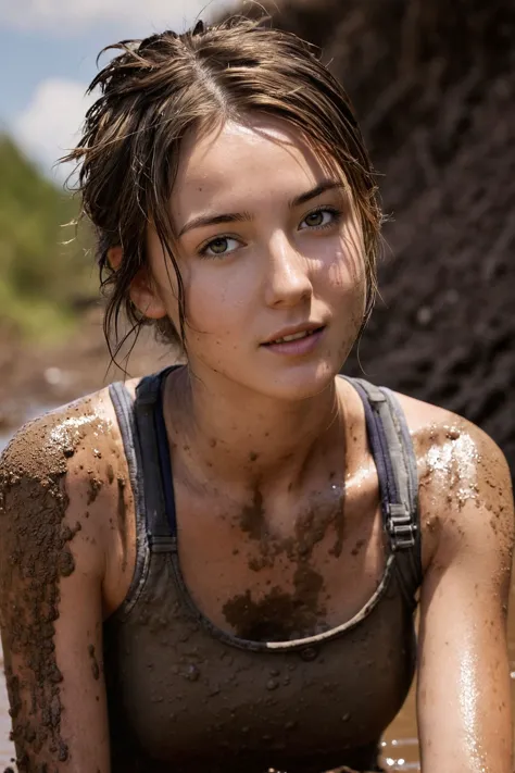 (a muddy Beautiful girl:1.8), (muddy on face:1.8), (muddy on body:1.8), wearing boyshorts, very skinny, skin-tight tank top, midriff, ((muddy)), (muddy on boots),  (sunlight, shadow:1.4),
ultra highres, sharpness texture, High detail RAW Photo, detailed face, shallow depth of field, (realistic skin texture:1.4), (freckles, moles:0.4), dslr, film grain, Fujifilm XT3, 