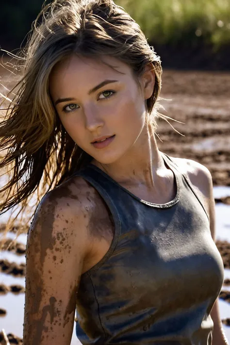 a close up of a woman in a wetsuit standing in a muddy field