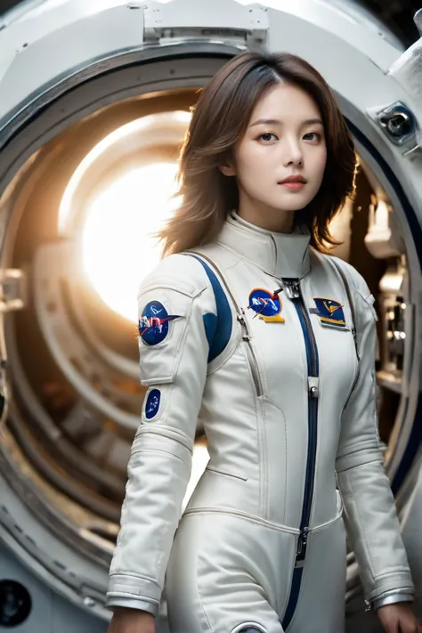 (wearing futuristic astronaut space suit, floating in space station, earth on background:1.4),
ultra highres, sharpness texture,...
