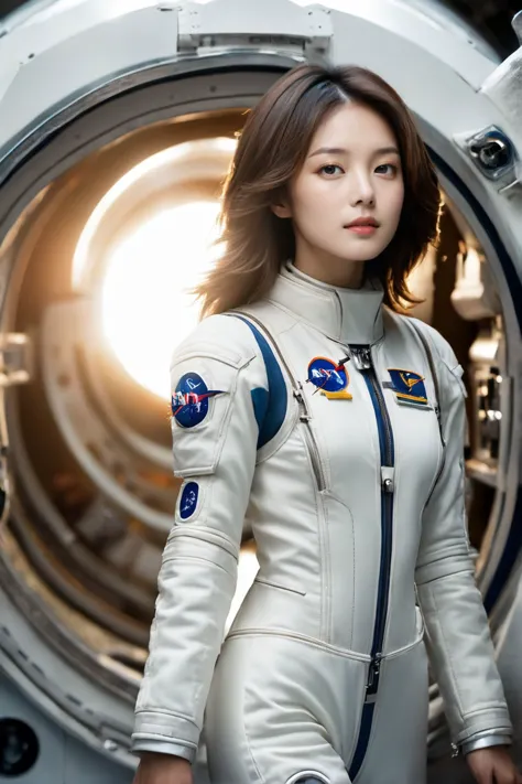 (wearing futuristic astronaut space suit, floating in space station, earth on background:1.4),
ultra highres, sharpness texture, (realistic skin texture:1.2), film grain,