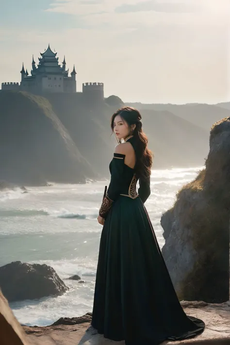 a woman in a long black dress standing on a cliff overlooking the ocean