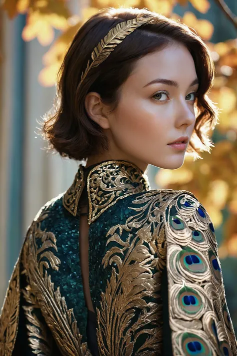 a woman in a green and gold dress with a gold headband