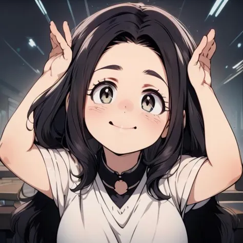 anime girl with long black hair and white shirt holding her head