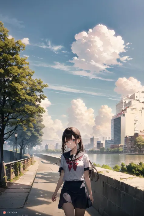 ((masterpiece, best quality)), highres, extremely detailed, sky, cloud, skyscrapers, city, pavement, trees, ((1girl, aged down, solo, solo focus, bishoujo, pixiv, cowboy shot)), school uniform,