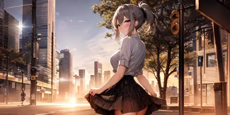 (masterpiece, best quality, excellent quality), ((solo female, solo)), sky, city, town, railroad crossing, (skyscrapers), trees,...