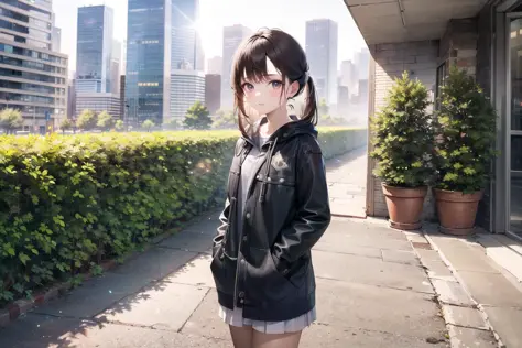 (masterpiece, excellent quality, high quality, highres : 1.5), (1girl, solo), solo focus, sky, city, skyscrapers, pavement, tree...