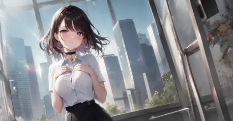 (masterpiece, best quality, excellent quality), ((solo female, solo)), sky, city, (skyscrapers), trees, pavement, lens flare, fi...