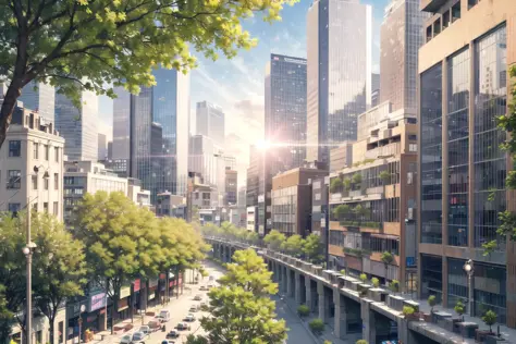 (masterpiece, best quality, excellent quality, extremely detailed), sky, city, (skyscrapers), trees, pavement, lens flare,