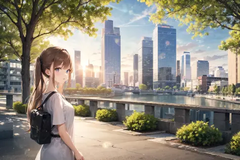 (masterpiece, best quality, excellent quality), ((1girl, solo)), sky, city, (skyscrapers), trees, pavement, lens flare,