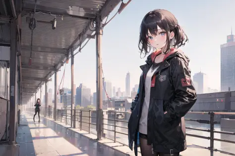 (masterpiece, excellent quality, high quality), (1girl, solo, cowboy shot), looking at viewer, sky, city, skyscrapers, pavement,...