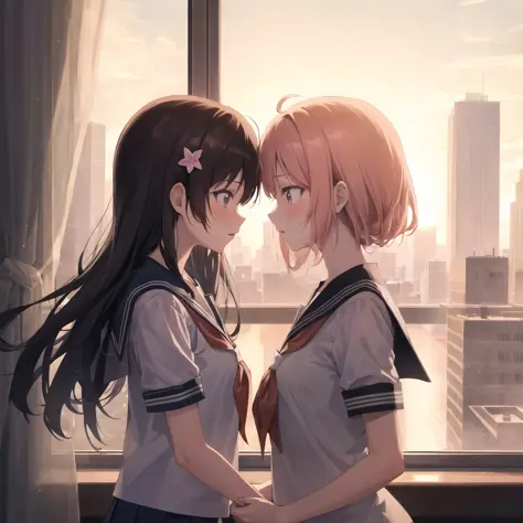 (obra maestra de mejor calidad:1.2) 8K (Estilo de manga Shoujo detallado:1.4) 2 chicas, Hermoso, absurdos, , yuri, serafín, contacto visual, escuela ventana atardecer iluminación ciudad, (rascacielos)