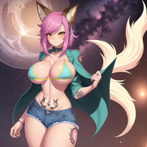 1girl, full body, large breasts, sagging breasts, wide hips, thick thighs, punk bad girl, fox ears, bandeau, official art, vivid color, (nebula background:0.8), finely detailed, hyper detailed, 8k, high resolution illustration, Masterpiece, best quality, i...