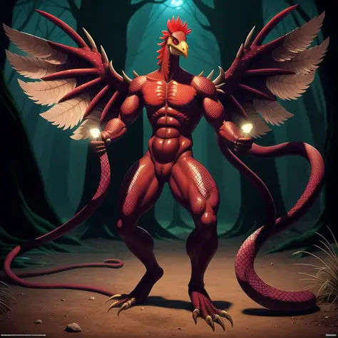 cockatrice, chicken with cockscombs and snake tails, scary monster, feather wings, scale tail, rooster's crest, horror, dark fantasy, (full body:1.3), detailed eyes, 2k, 4k, 8k, intricate details, cinematic lighting, stunning environment, masterpiece, high...