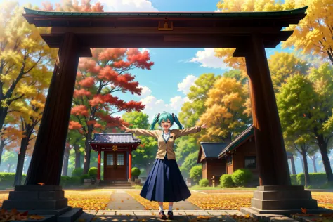 absurdres, best quality, ultra detailed, outdoor, (windy:1.2), 
hatsune miku and 6+girls are stand with her arms outstretched in the shrine park, Wear a cardigan and a long skirt, ultra happy, dead leaves falling, looking at viewer, <lora:fallcolors:1>, fallcolors, <lora:hairdetailer:0.5>