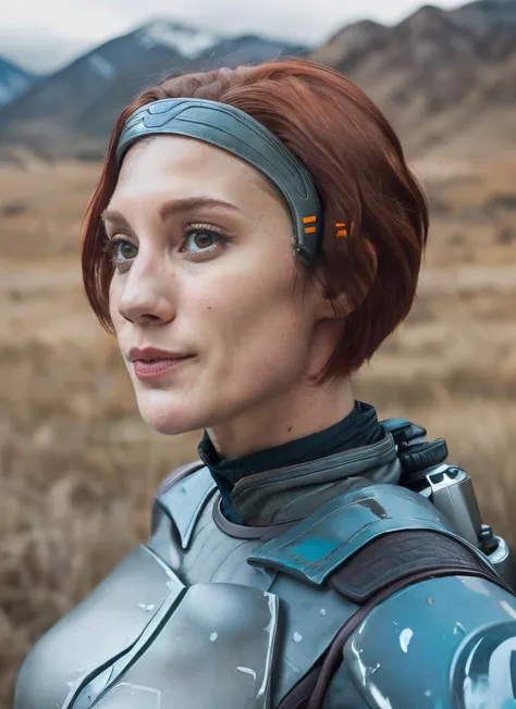 a close up of a woman in a futuristic suit with a headband