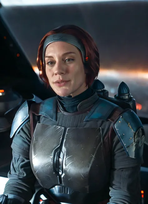 a woman in a helmet and armor sitting in a spaceship