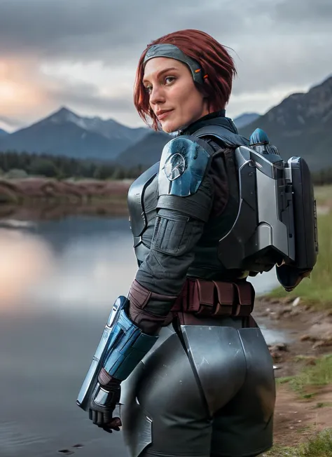 arafed woman in a futuristic suit with a gun and a lake